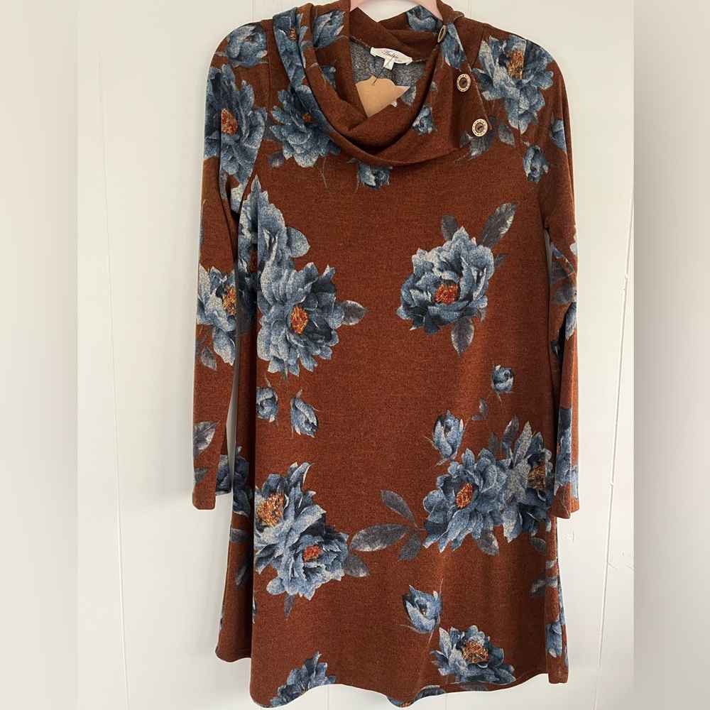 NEW Andree by Unit Brown Sweater Dress Blue Floral Cowl Neck Buttons Size L